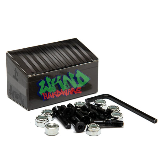 A set of black hardware bolts, nuts, and washers with a black Allen wrench, displayed next to a black branded box labeled 'wknd HARDWARE' on a white background.