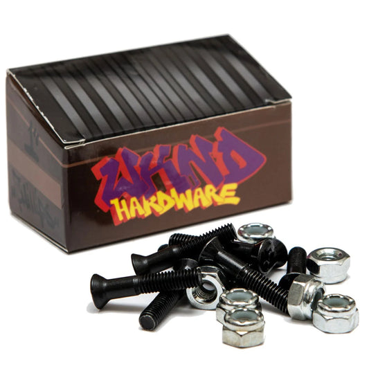 A set of black metal bolts with silver nuts and washers, displayed in front of their brown branded packaging box labeled 'wknd HARDWARE'.