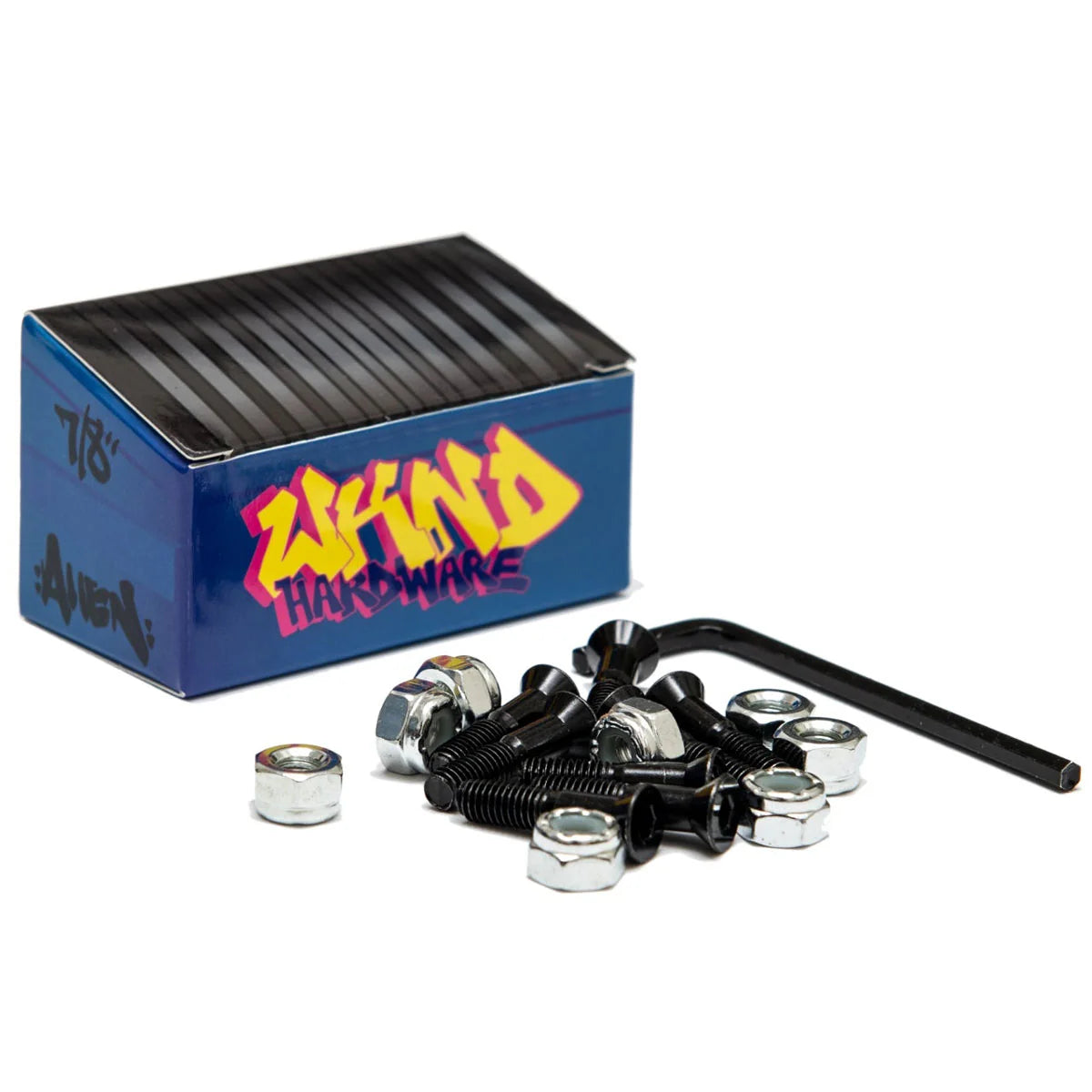A box of wknd Hardware black hardware, including black bolts, nuts, washers, and a black hex wrench, displayed next to a blue branded box on a white background.