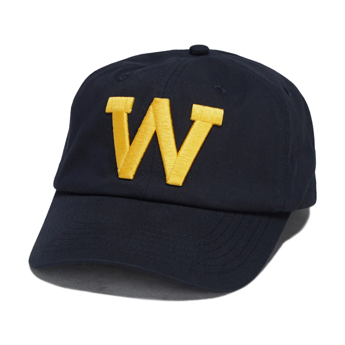A dark navy blue baseball cap featuring a large, embroidered yellow letter 'W' on the front panel, set against a plain white background.
