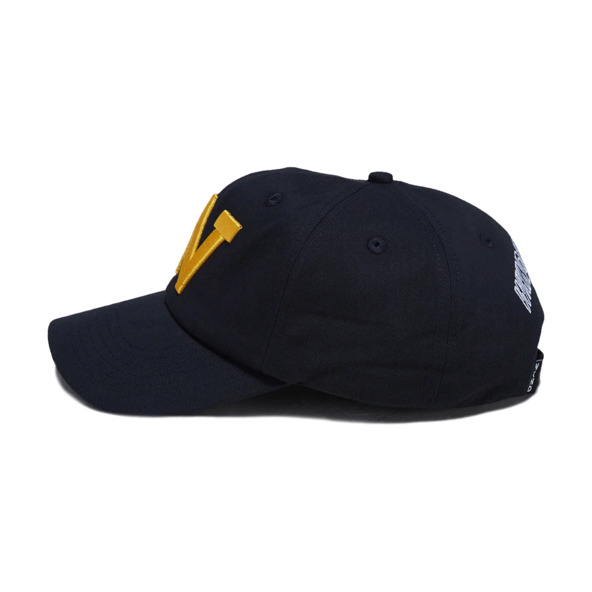 navy blue cap with yellow and white embellishments on a white background
