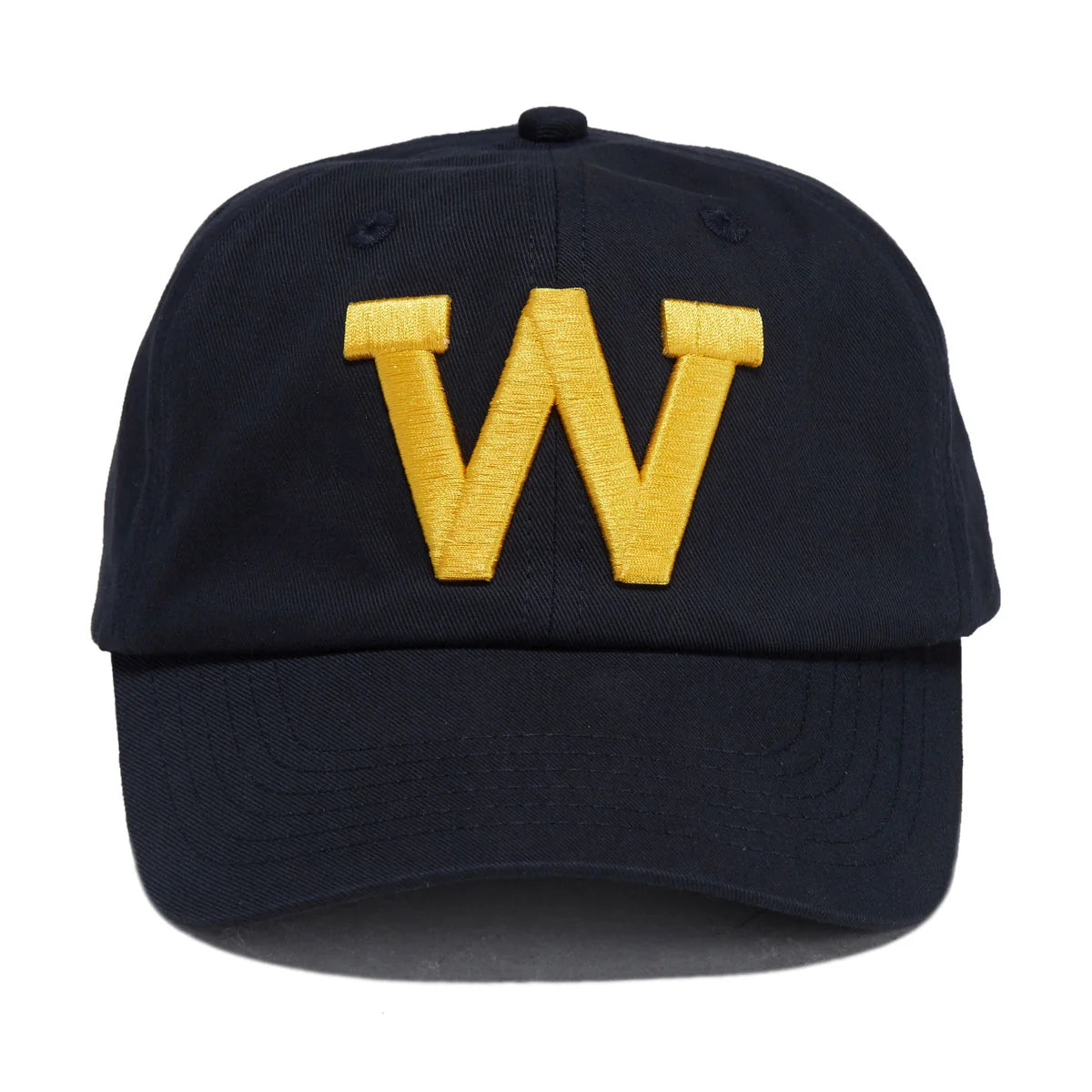 A dark navy blue baseball cap featuring a large, embroidered yellow letter 'W' on the front, set against a plain white background.