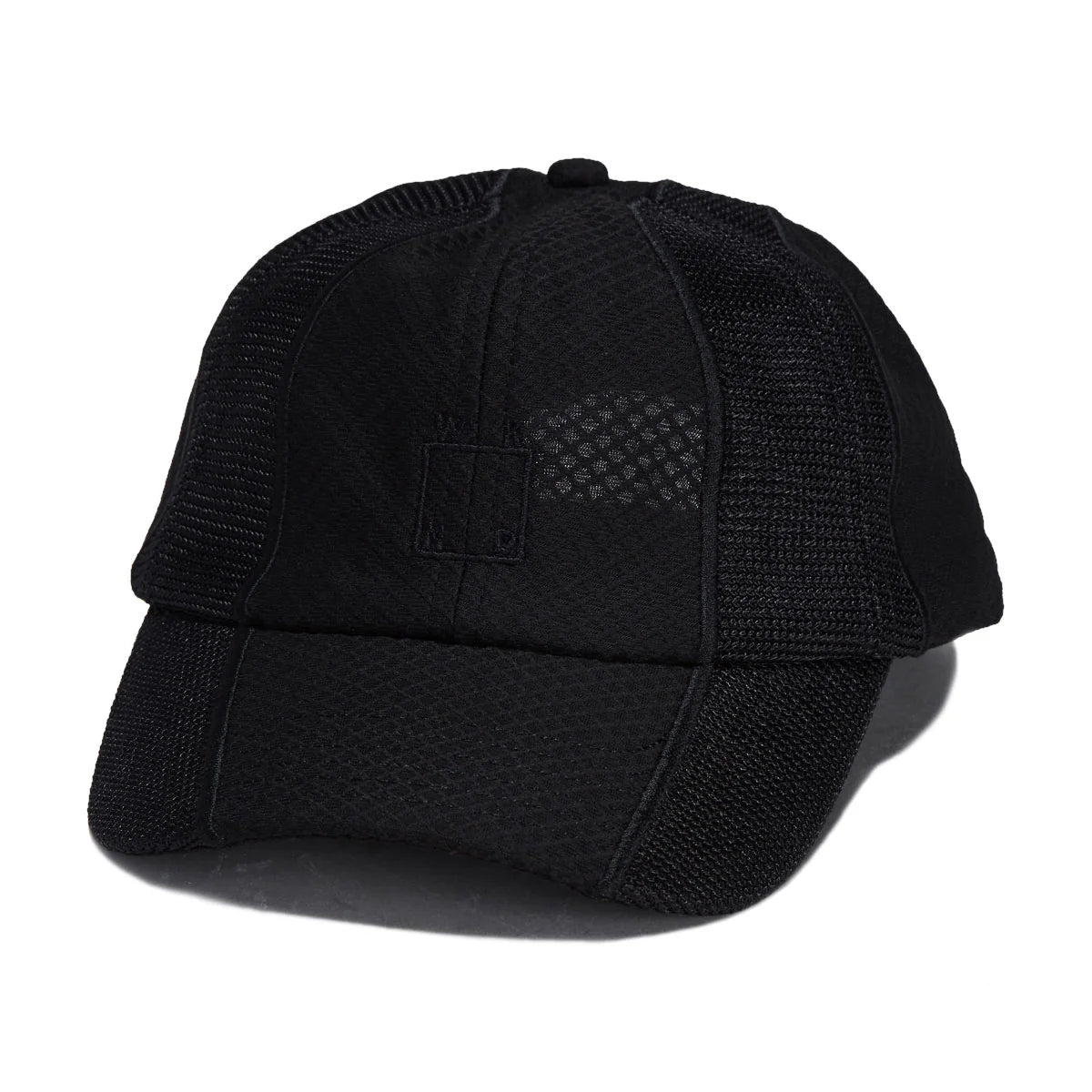 A black baseball cap with a structured front panel and black mesh back panels, shown on a plain white background.