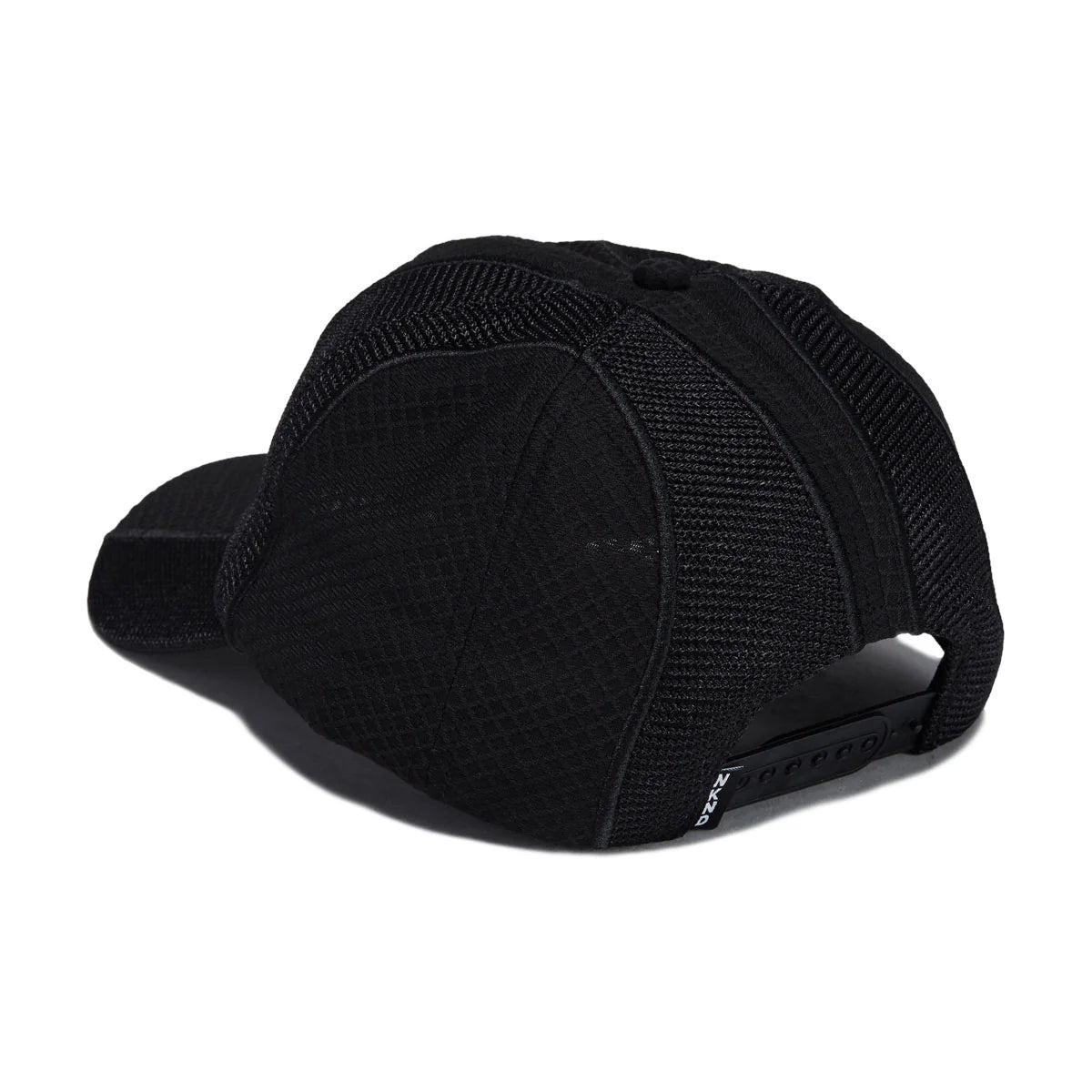 Black baseball cap with a structured front panel, curved brim, and black mesh back panels, shown from a three-quarters angle on a white background.