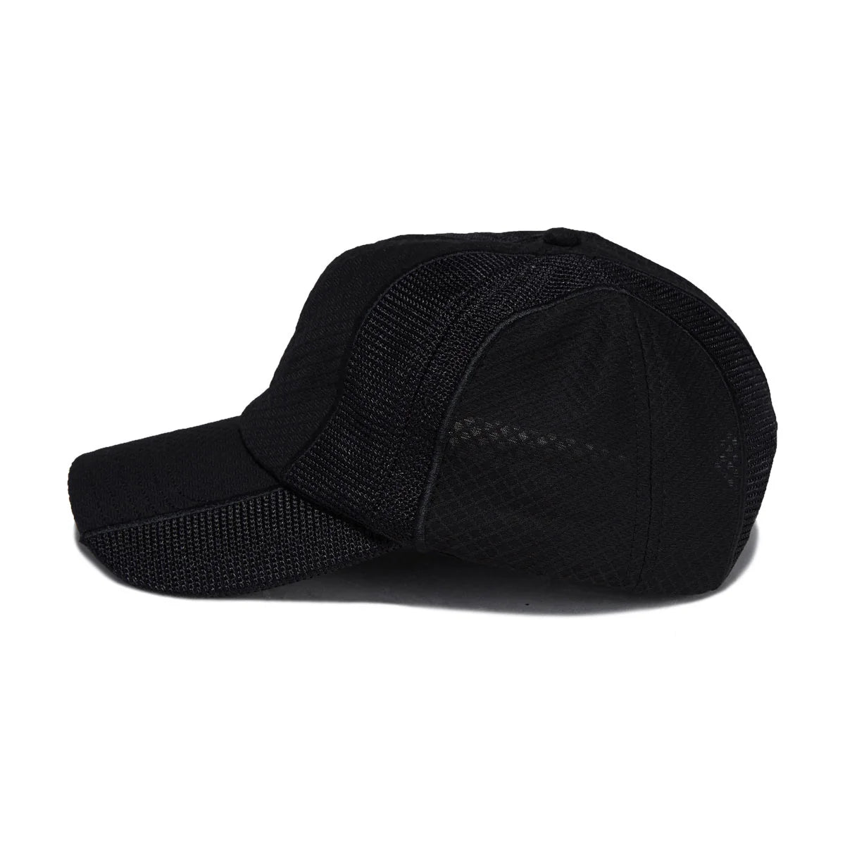Black baseball cap with mesh back on a white background