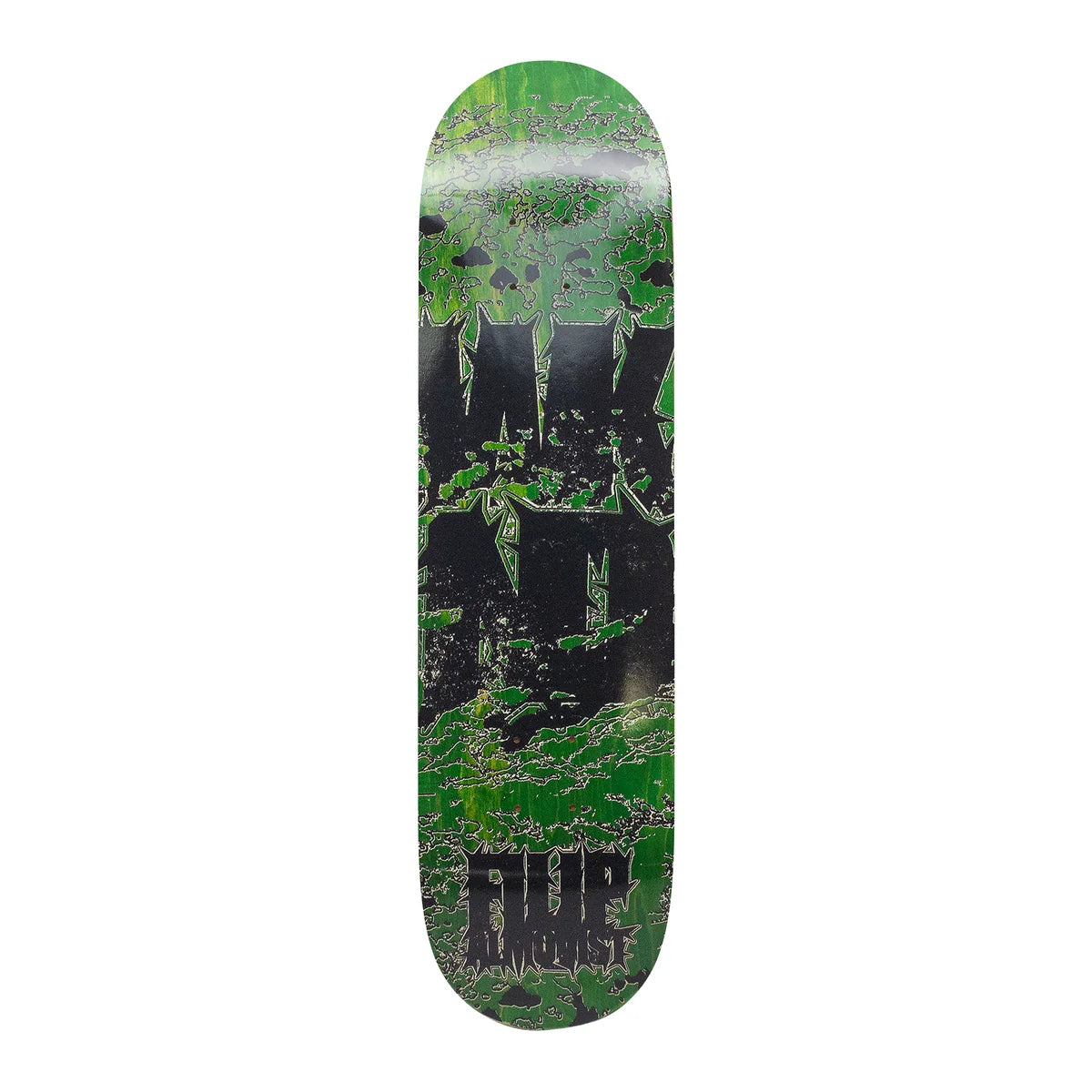 A skateboard deck featuring a distressed green and black graphic design with a skull motif 