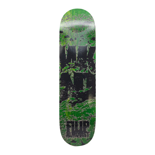 A skateboard deck featuring a distressed green and black graphic design with a skull motif 