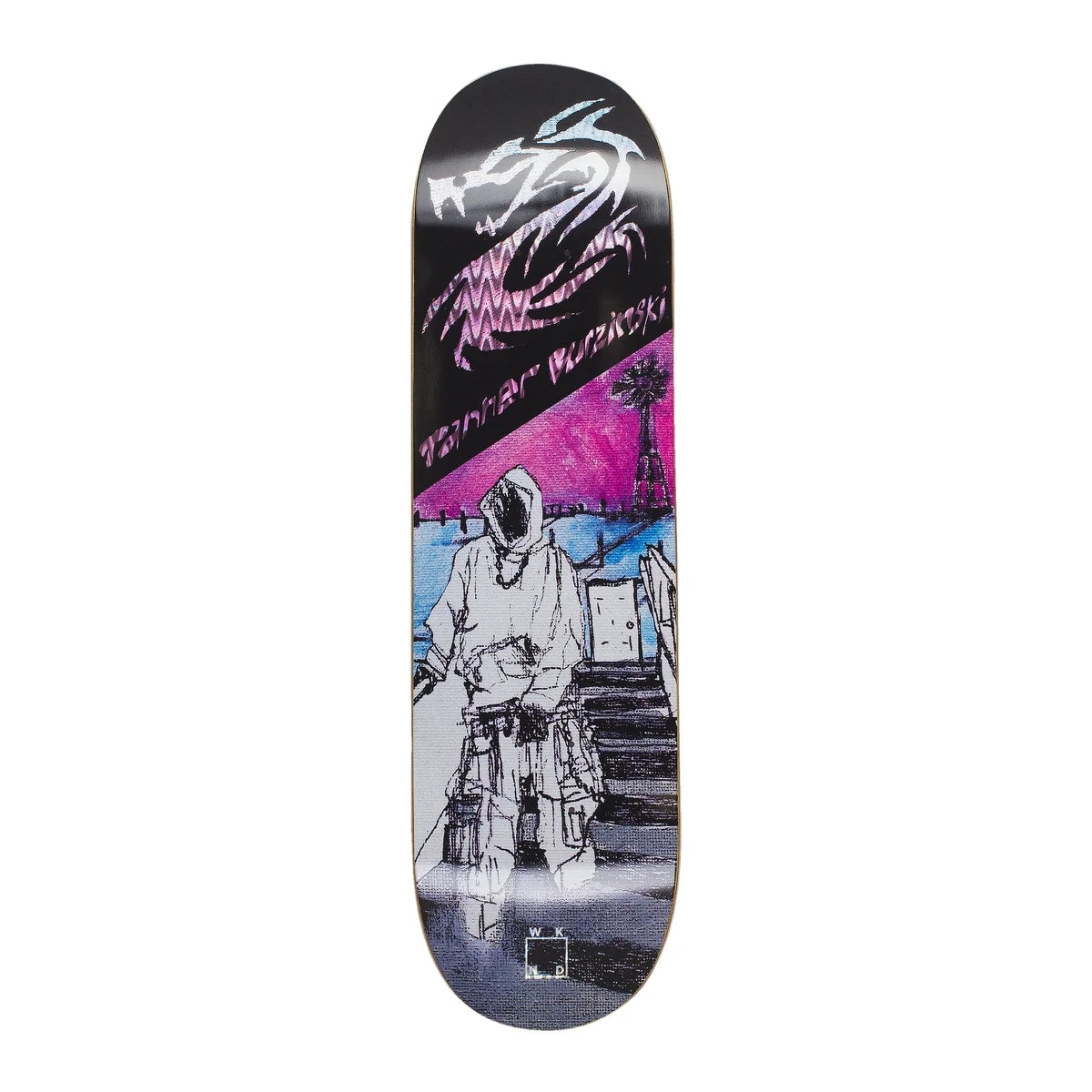 Skateboard deck with artistic design on a white background