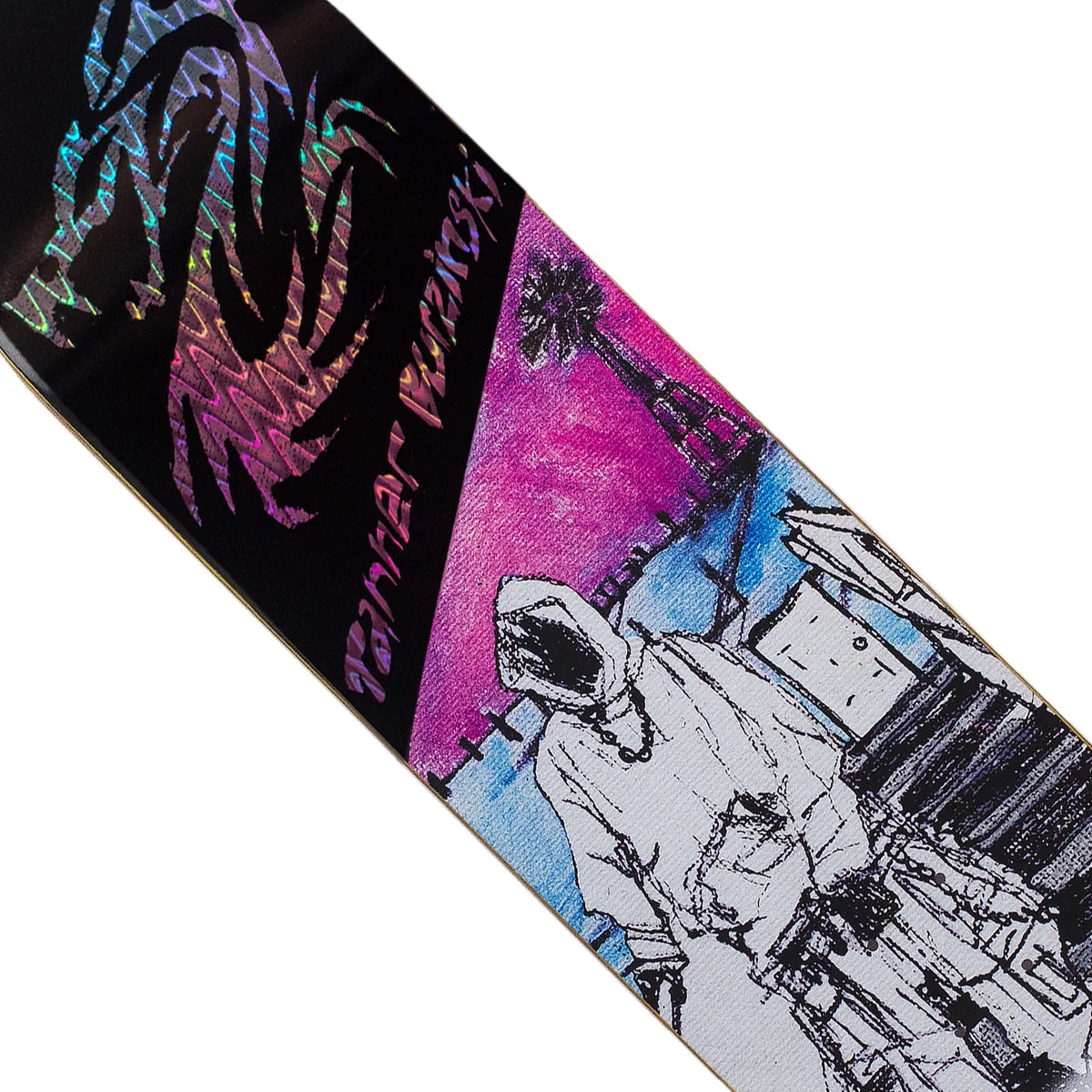 Close-up of a skateboard deck with artistic design and text