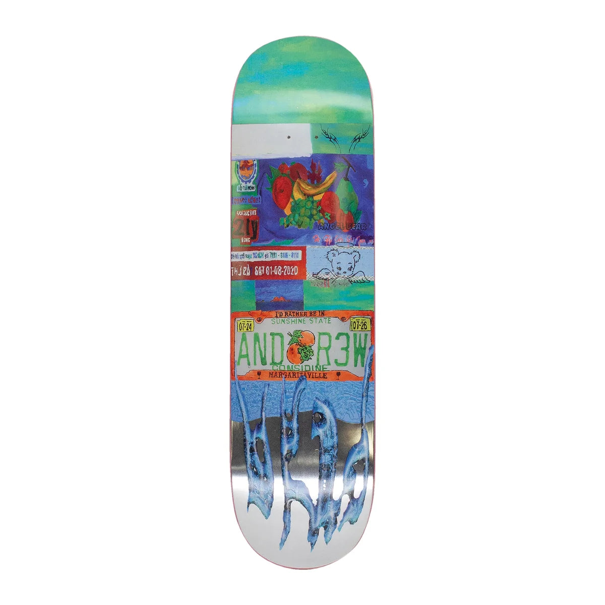 A skateboard deck with a highly colorful, collage-style graphic design featuring a green sky, purple and red abstract art, a license plate reading 'AND R3W', and blue graffiti-style lettering on a white background.