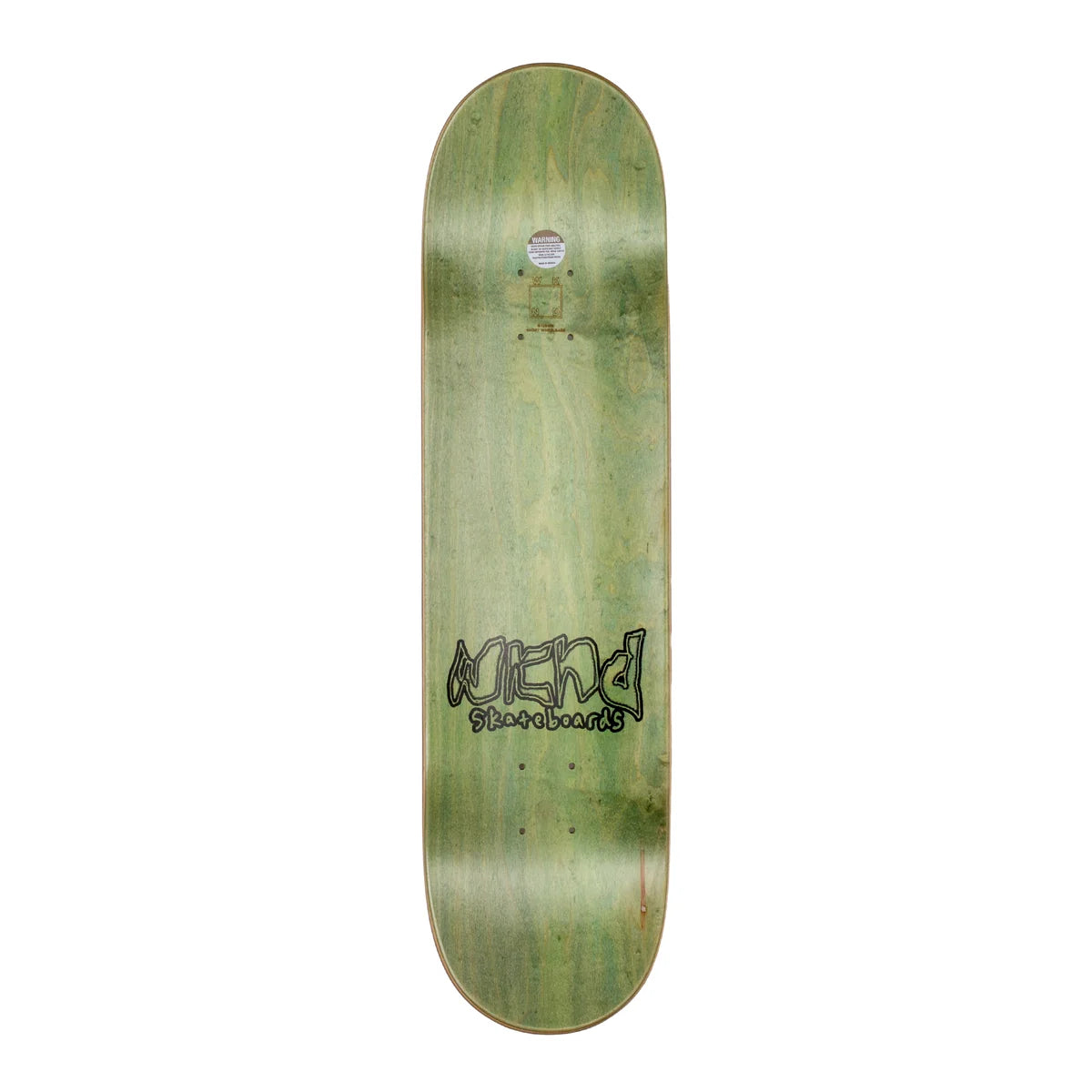 A skateboard deck with a weathered green and brown wood-grain finish, featuring the 'Mend Skateboards' logo in black graffiti-style lettering near the center.