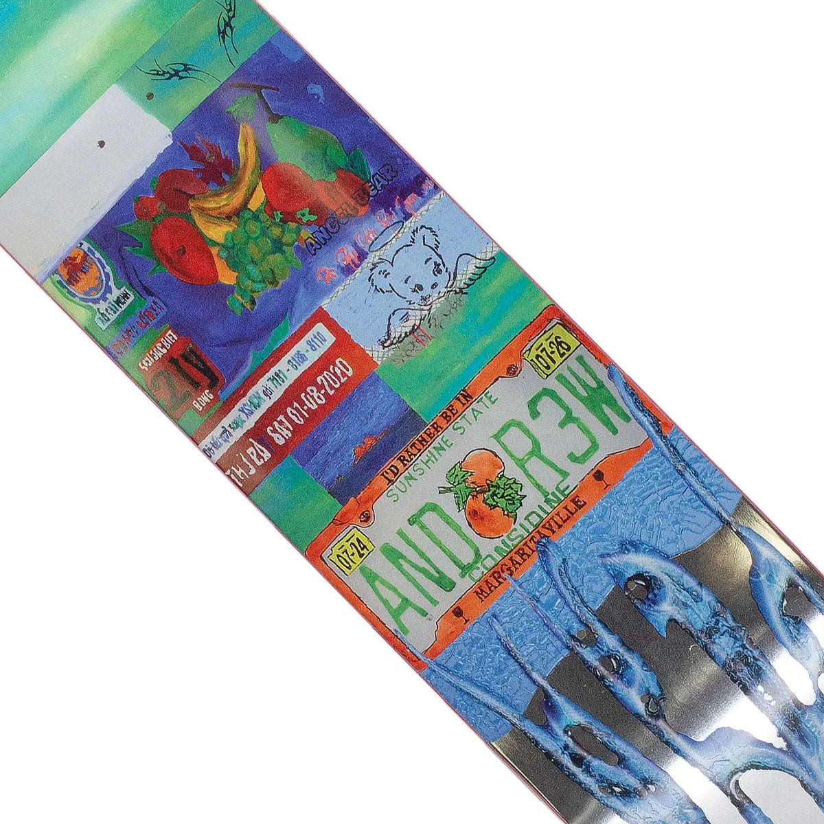 Colorful license plate with cartoon designs on a white background