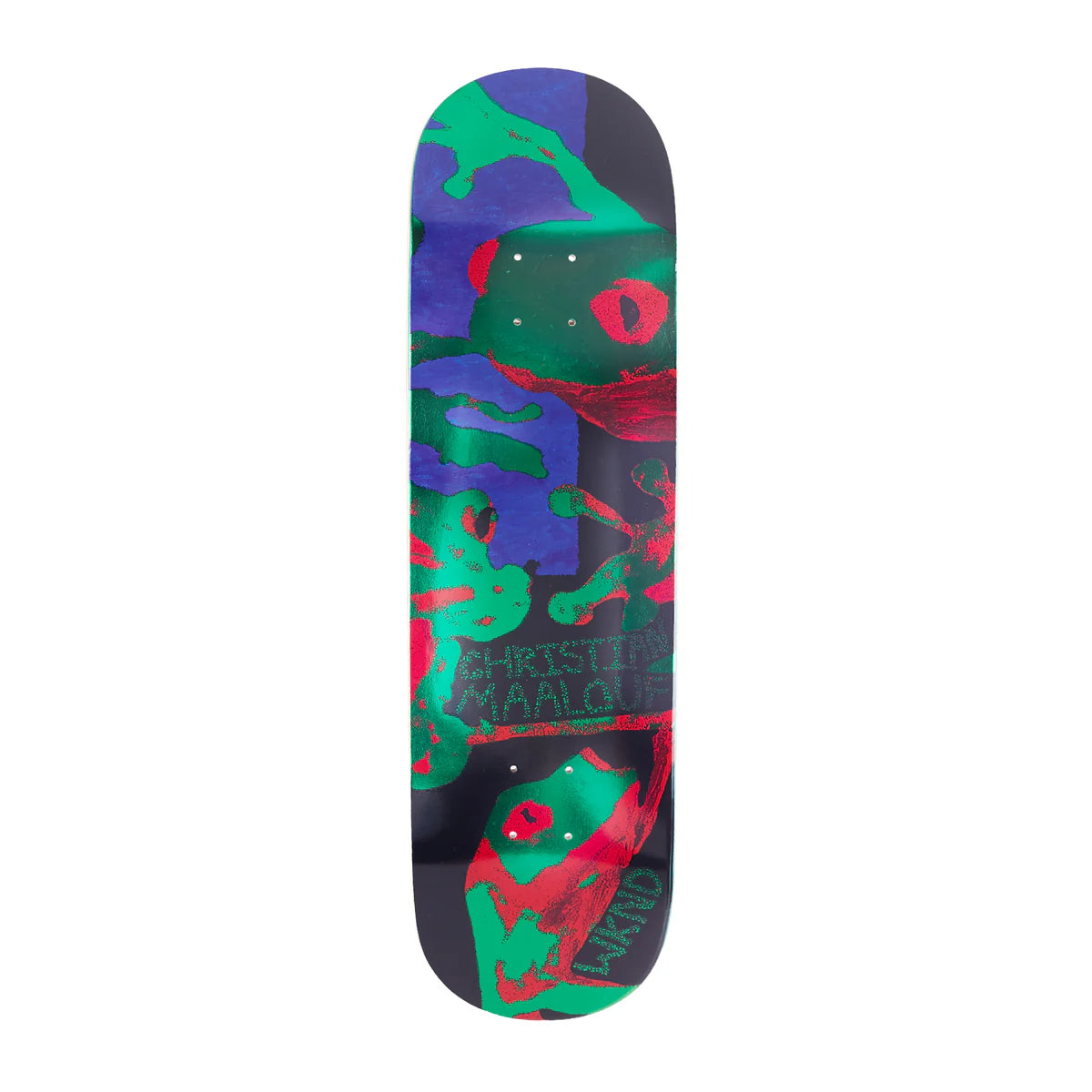 Colorful skateboard deck with abstract design on a white background