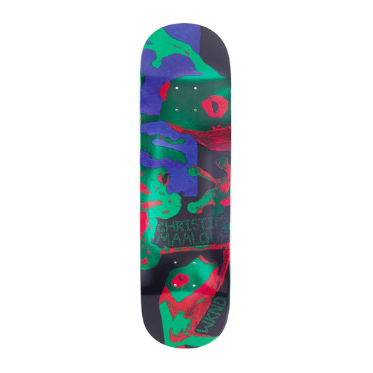 Colorful skateboard deck with abstract design on a white background