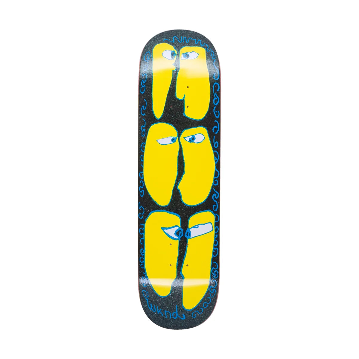 A skateboard deck featuring a black background with a vertical graphic of four yellow abstract footprints, each with blue eyes, bordered by blue squiggle lines