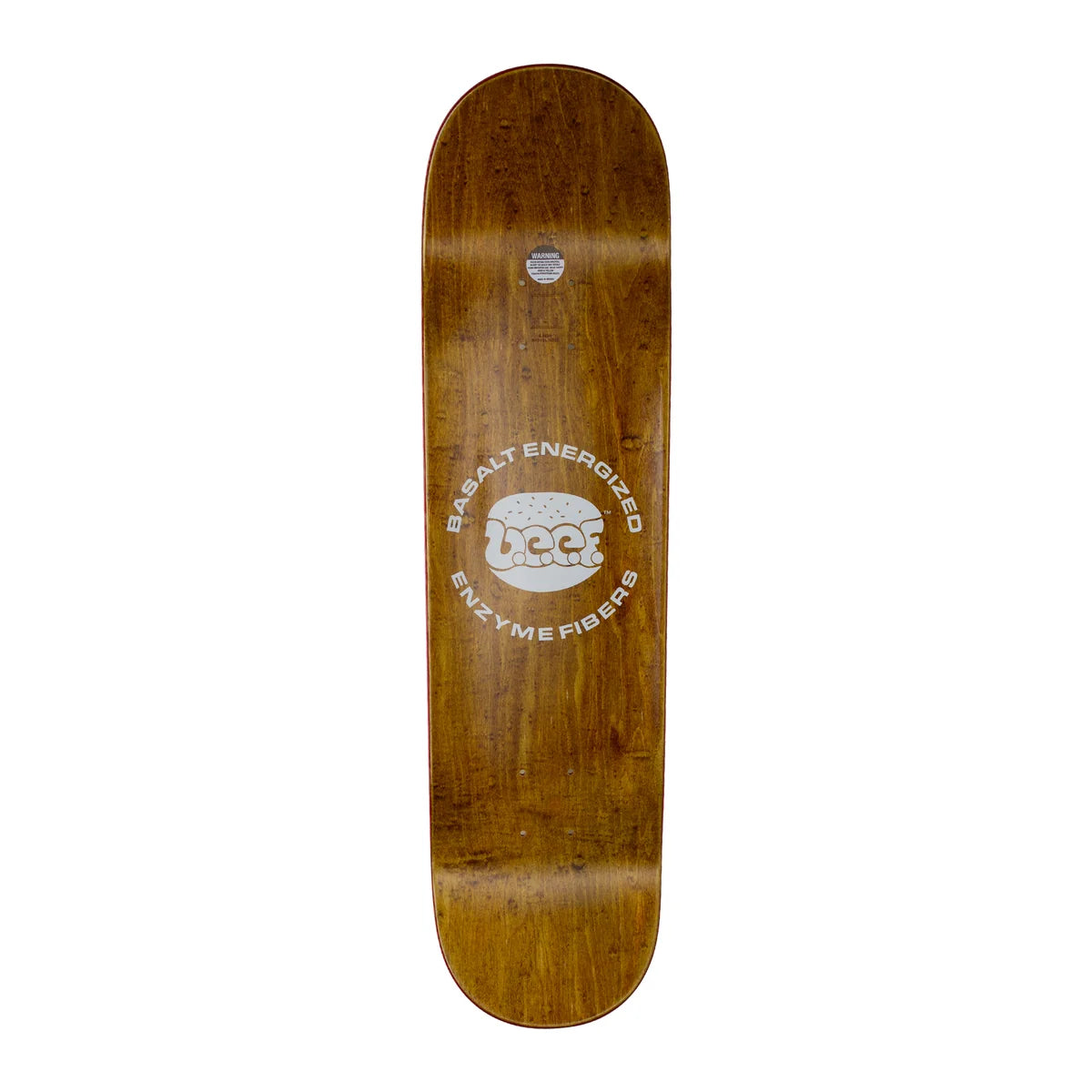 A wooden skateboard deck with a natural brown wood grain finish, featuring a white circular graphic in the center