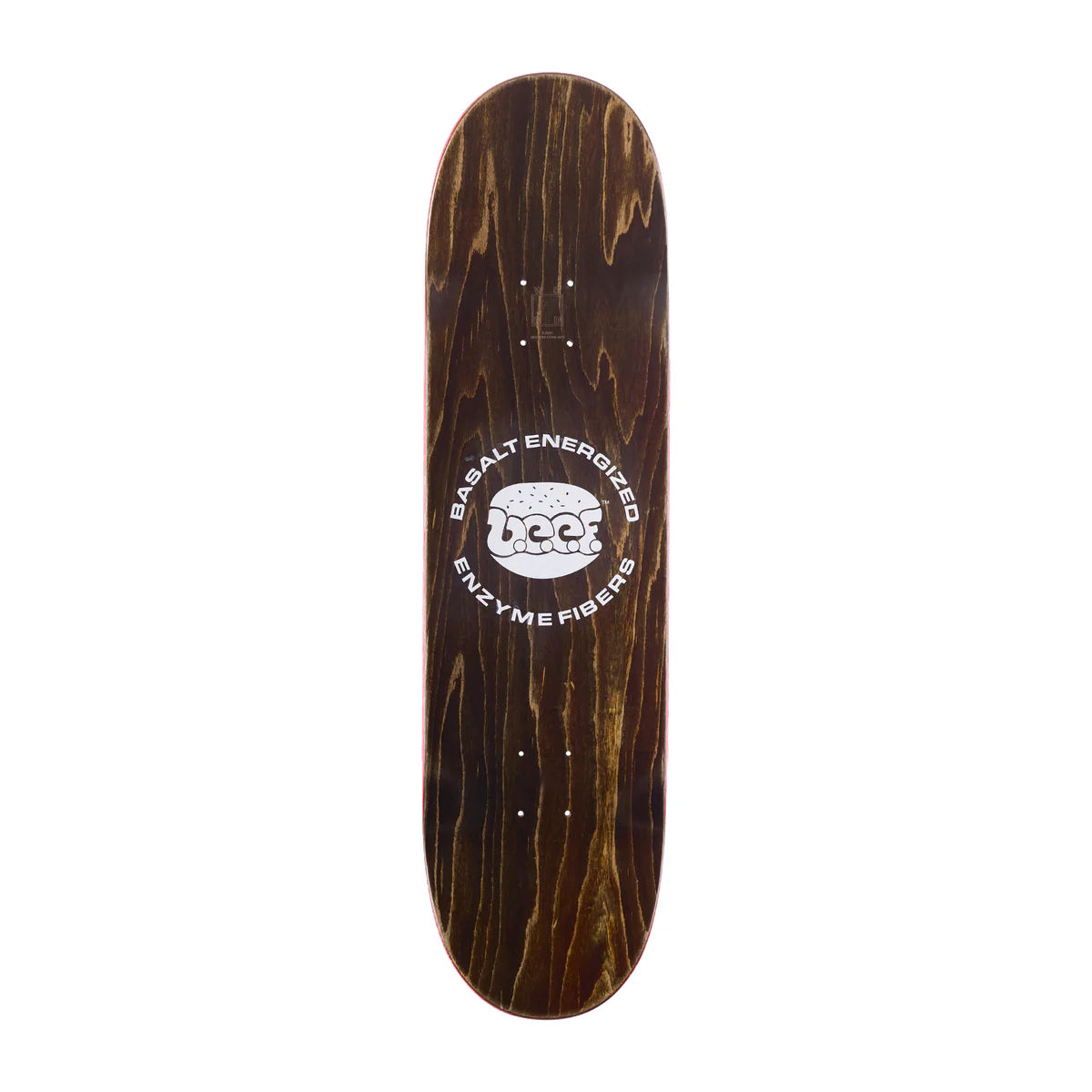 Wooden skateboard deck with a logo on a white background