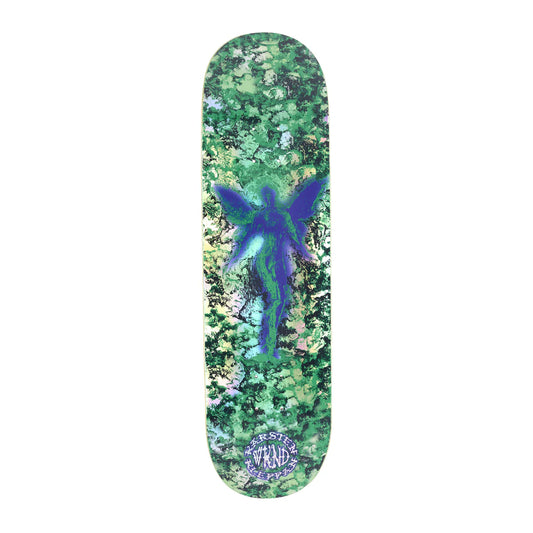 Skateboard deck with a colorful design on a white background
