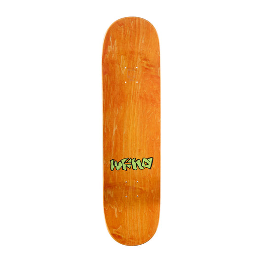 Wooden skateboard deck with a brand logo on a white background