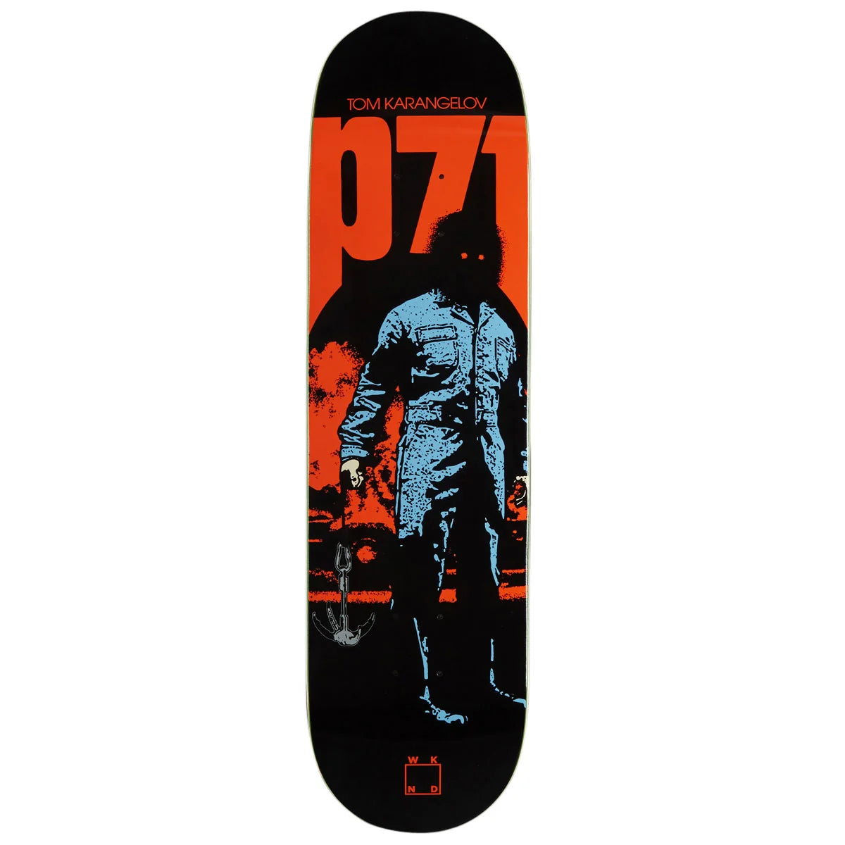 A skateboard deck featuring a graphic design inspired by the character P71 from the movie Saw. The design has a black background with a large orange 'P71' text and a blue figure holding an anchor.
