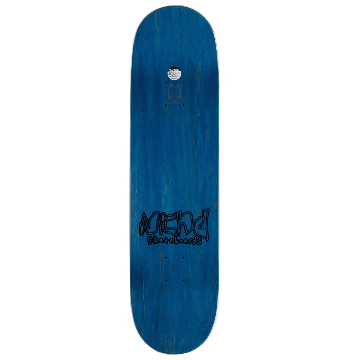 Blue skateboard deck with black text on a white background