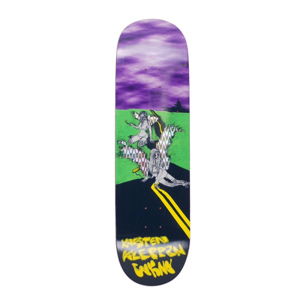 A skateboard deck featuring a surreal graphic illustration with a purple cloudy sky, a green field, a black road with yellow double lines, and graffiti-style text 
