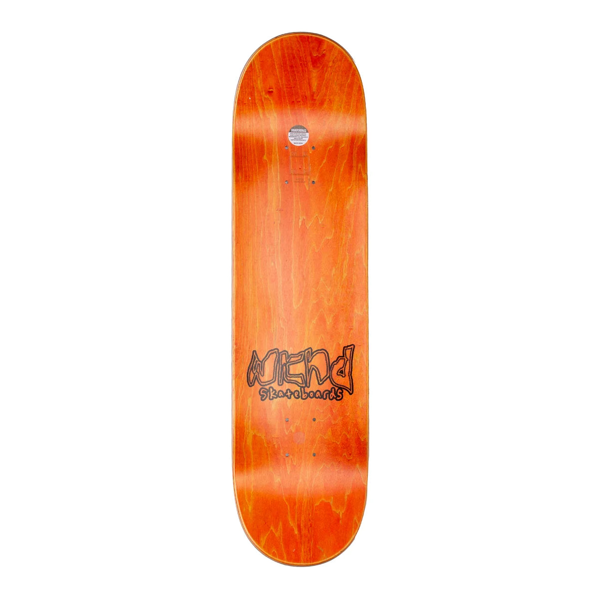 An orange maple skateboard deck with a flame graphic and the 'wknd Skateboards' logo printed in black on the underside, shown against a plain white background.
