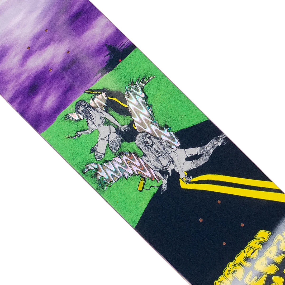 Skateboard deck with colorful design featuring people and text on a white background