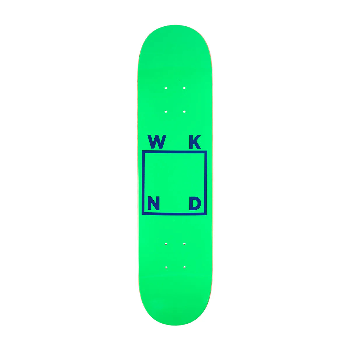 Green skateboard deck with WKND logo on a white background