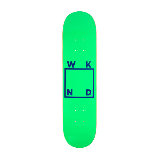 Green skateboard deck with WKND logo on a white background