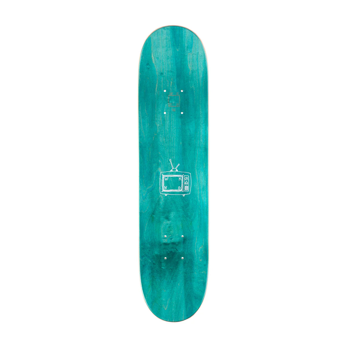 Teal skateboard deck with a logo on a white background