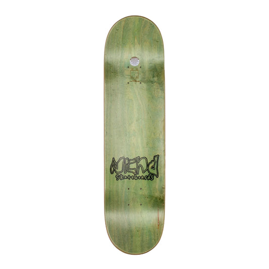 A skateboard deck with a weathered green and brown wood-grain finish, featuring the 'Mend Skateboards' logo in black graffiti-style lettering near the center.
