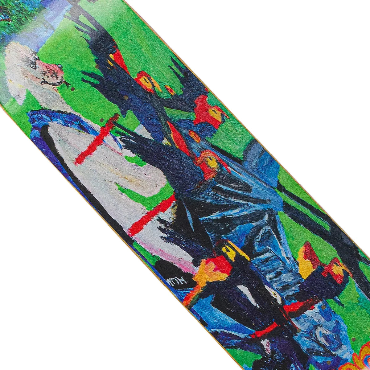 Colorful skateboard deck with artistic design of a figure and parrots on a green background