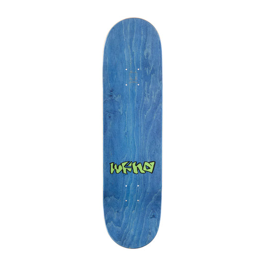 Blue skateboard deck with a green logo on a white background