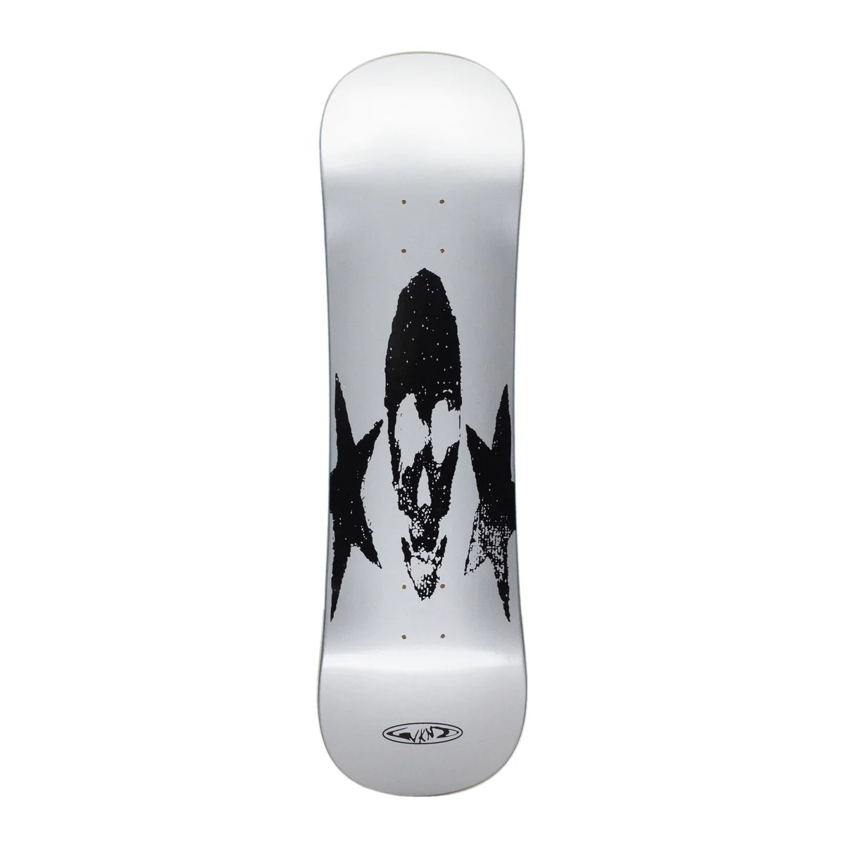 A silver snowboard featuring a black graphic of a skull with wings on the underside, shown against a plain white background.