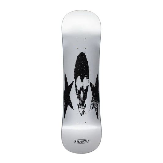 A silver snowboard featuring a black graphic of a skull with wings on the underside, shown against a plain white background.