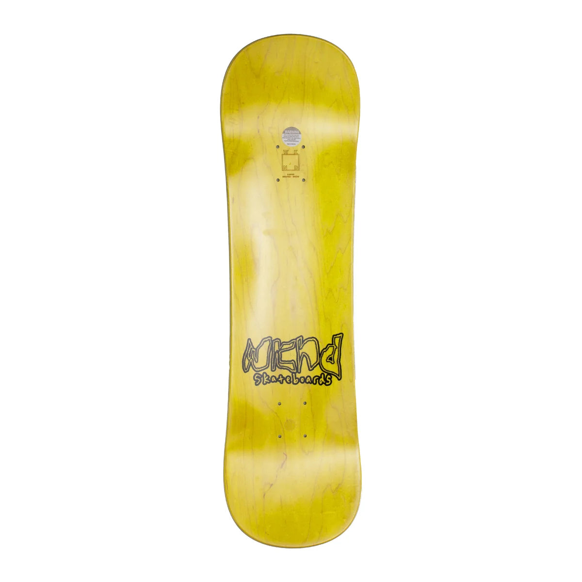 A yellow skateboard deck with a natural wood grain finish and a black 'wknd Skateboards' logo printed on the bottom, shown against a plain white background.