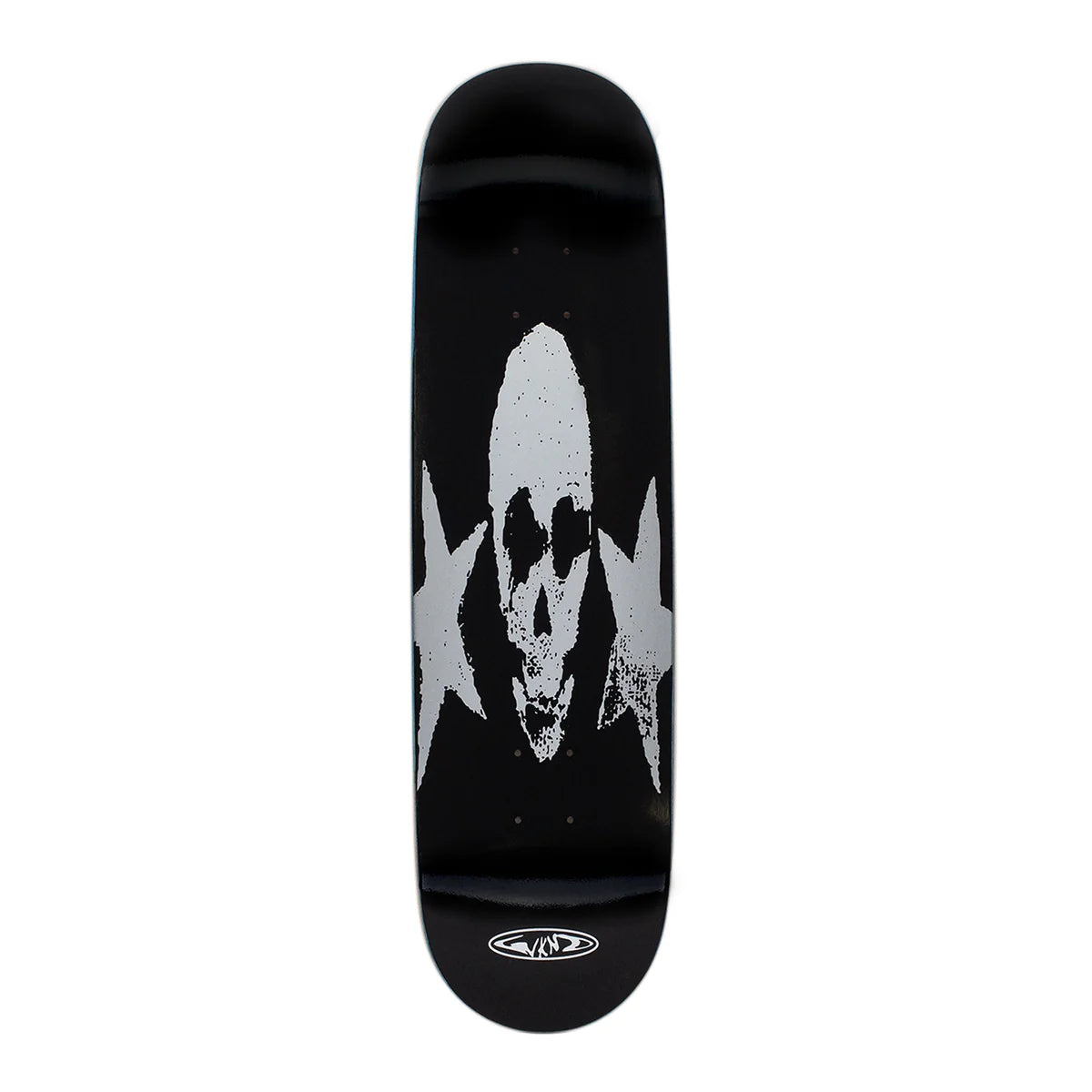 Black skateboard deck with white abstract design on a white background