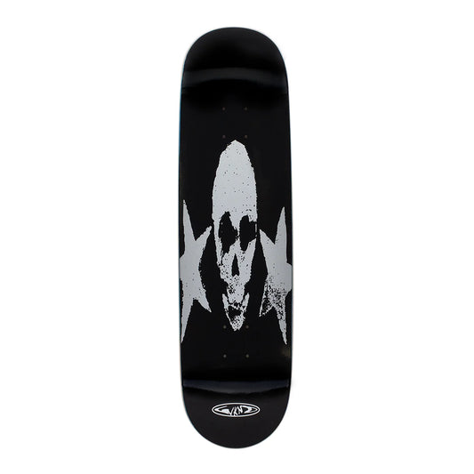 Black skateboard deck with white abstract design on a white background