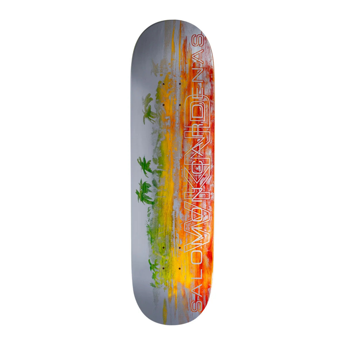 A skateboard deck shown vertically against a plain white background. The graphic features a vertical gradient of yellow, orange, and red on the right side, transitioning to green palm tree silhouettes on the left,
