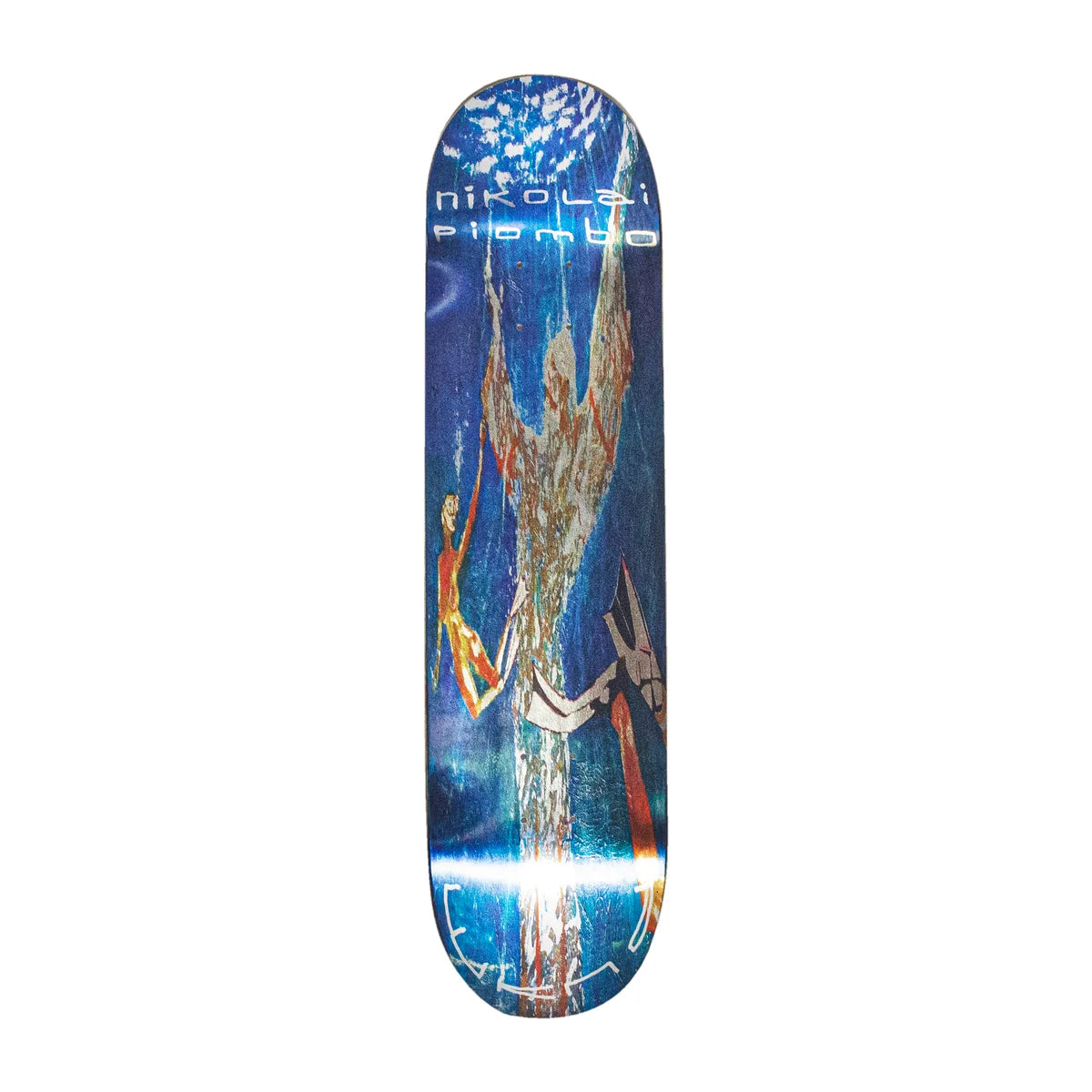 Skateboard deck with artistic design and brand name on a white background