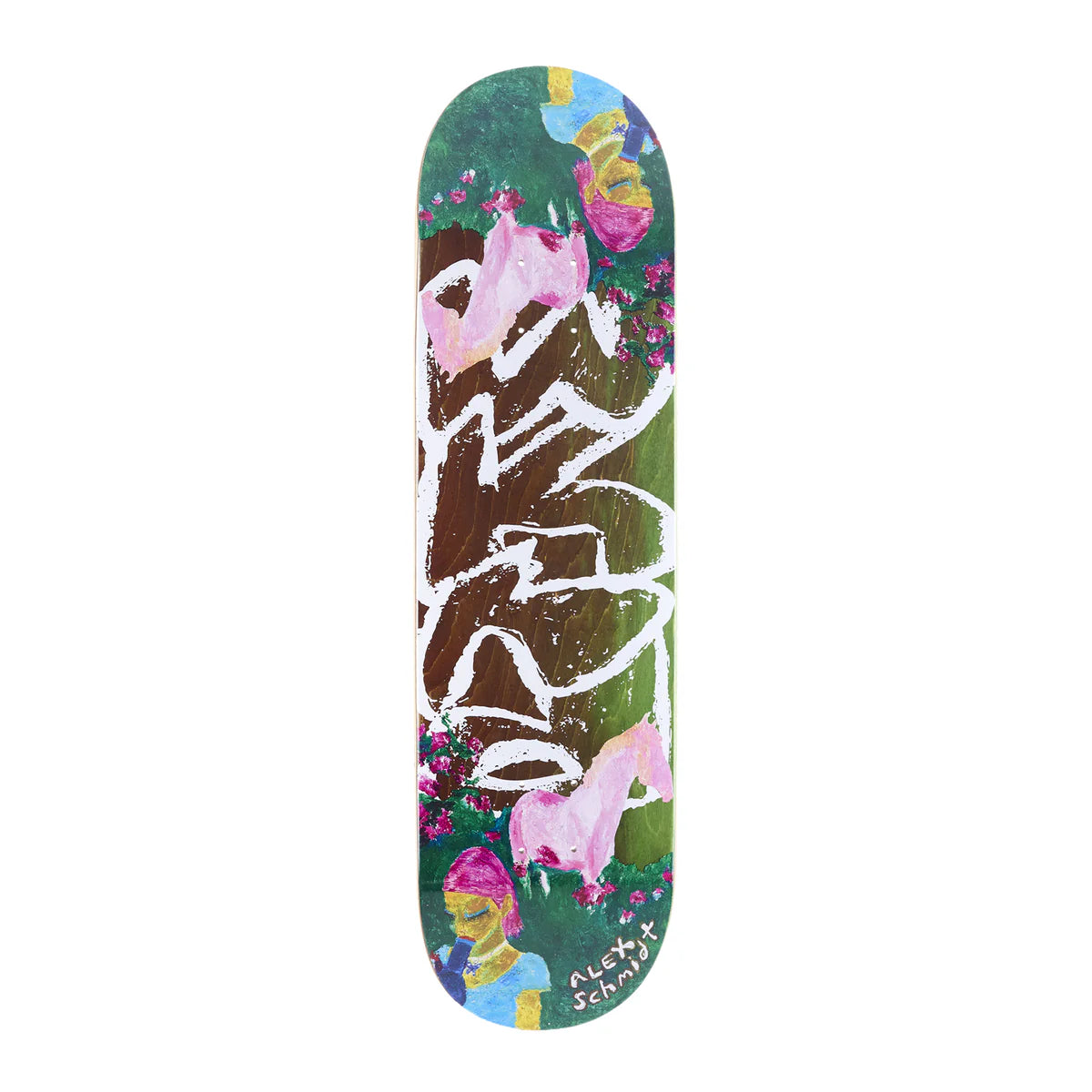Skateboard deck with unicorn and zebra design on a white background