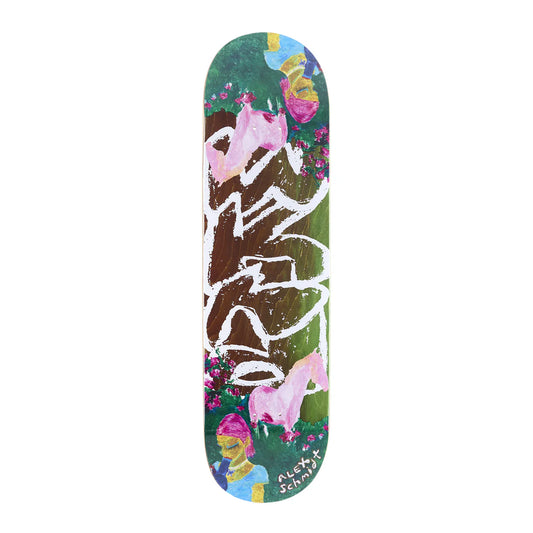Skateboard deck with unicorn and zebra design on a white background