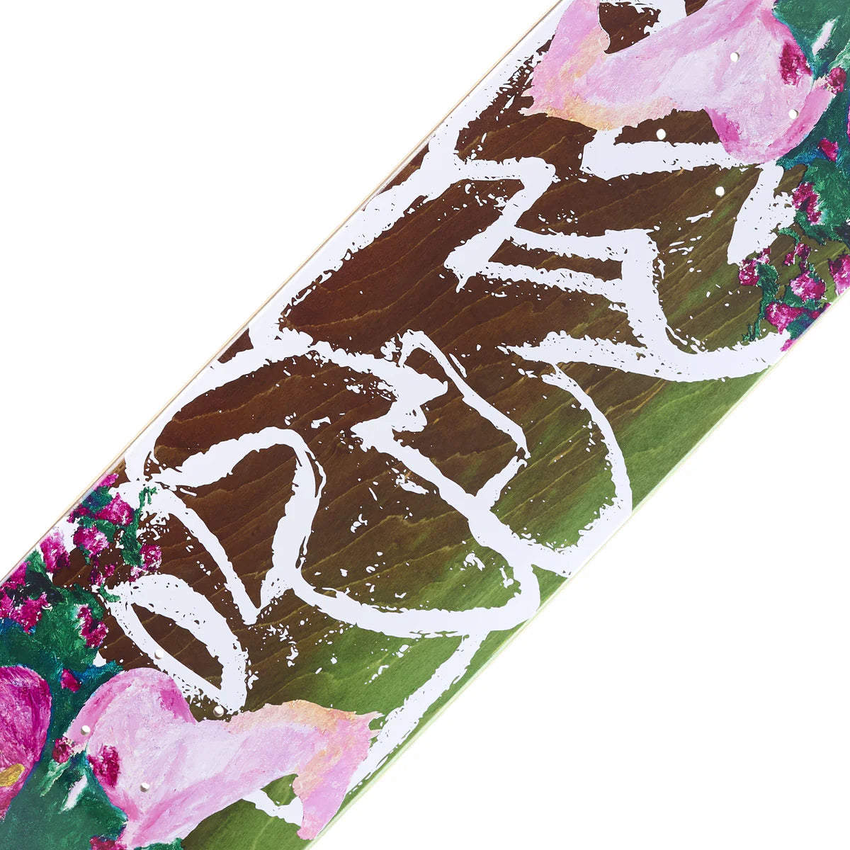 Close-up of a skateboard with floral design and 'BRAIN' text on a white background