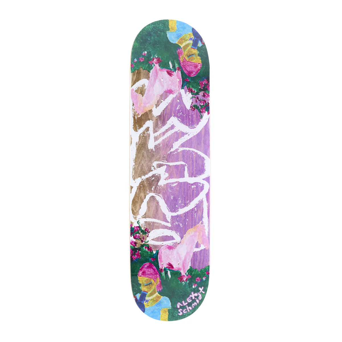 Skateboard deck with colorful floral design on a white background