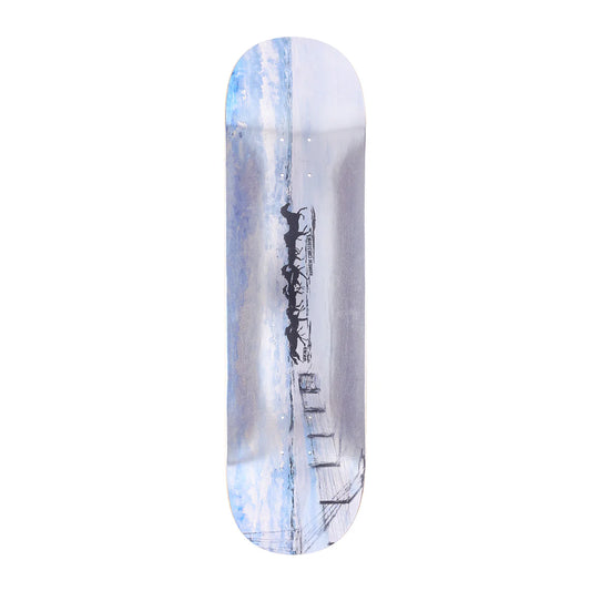 Skateboard deck with a winter landscape design featuring trees and snow on a white background