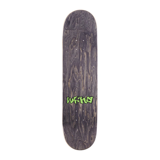 Skateboard deck with a wood grain pattern and green logo on a white background