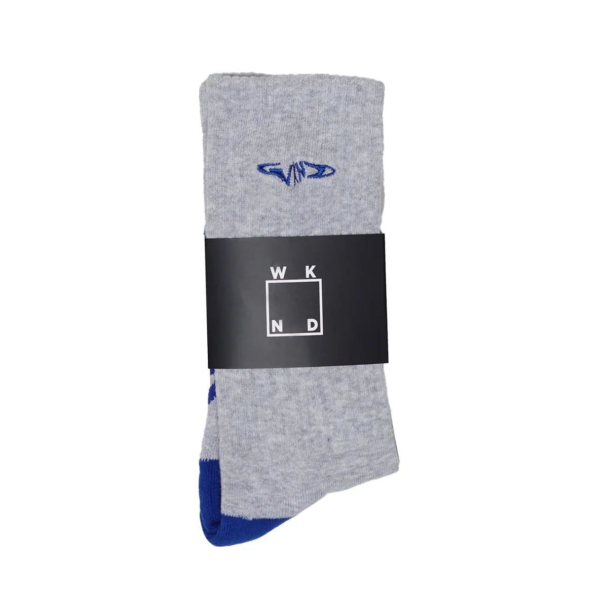 A pair of gray heather crew socks with blue toe and cuff accents, wrapped in a black paper band featuring the white 'WKN' logo, on a solid white background.