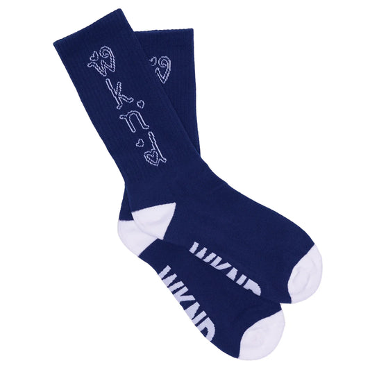 Pair of navy blue socks with white text on a white background