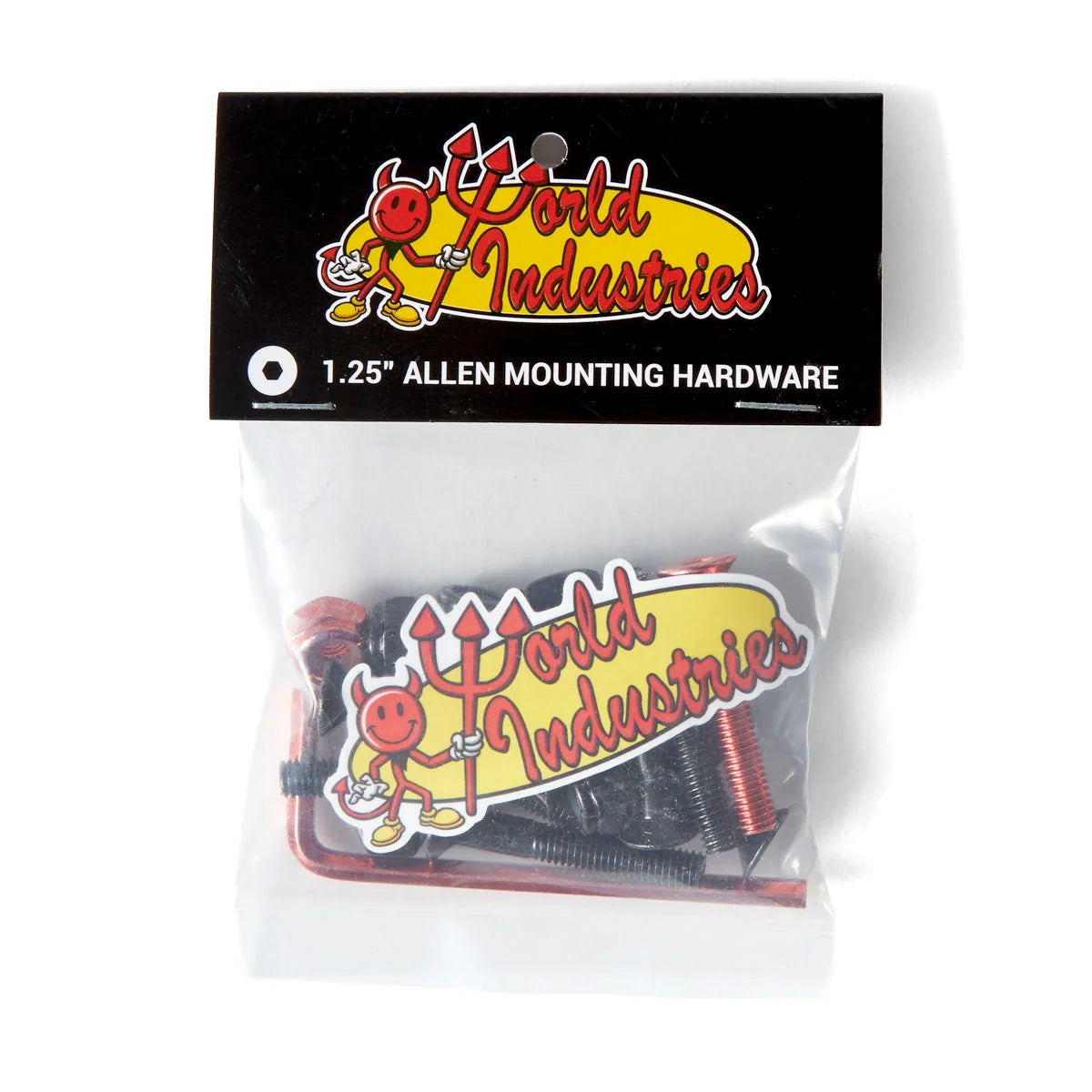 Package of World Industries Allen mounting hardware with clear front and black back
